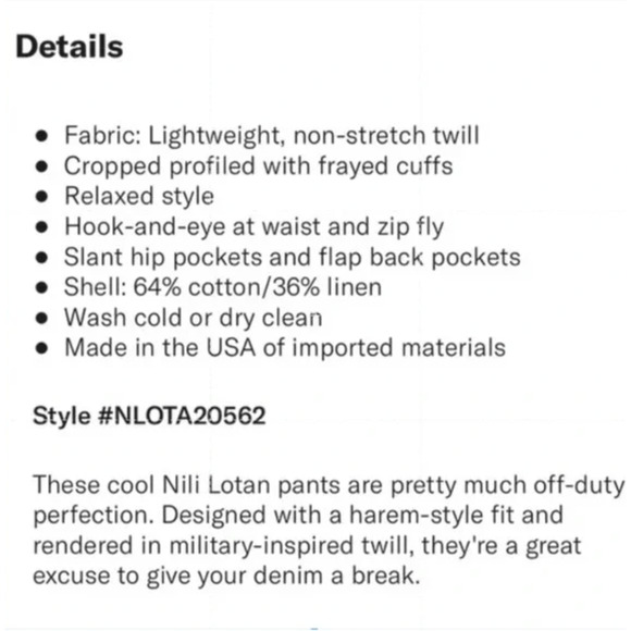 NWT! Nili Lotan 12 Slouchy LINEN Luna Pants $395 Drop Crotch Crop Eggshell White - Picture 9 of 10